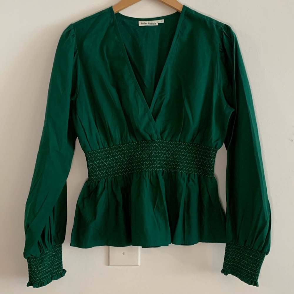 Roller Rabbit Emerald Green Smocked Waist Peplum Blouse